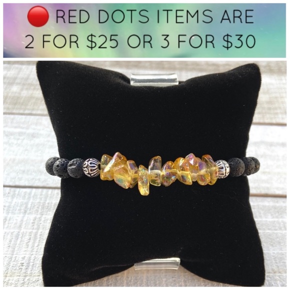π΄ Yellow iridescent crystal glass + lava rock beads bracelet - Picture 3 of 15